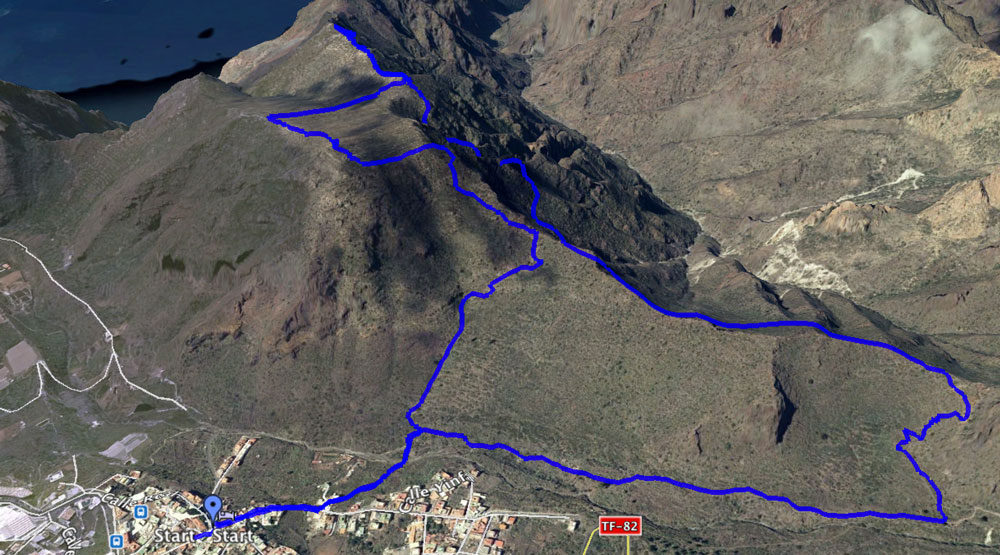 Der Gesamttrack der Tour von Tamaimo zum Felstor El Bujero und zurück über den Gipfel der Montaña Guama.
