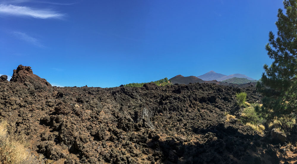 Der Lavastrom - im Hintergrund Teide, Pico Viejo und Chinyero