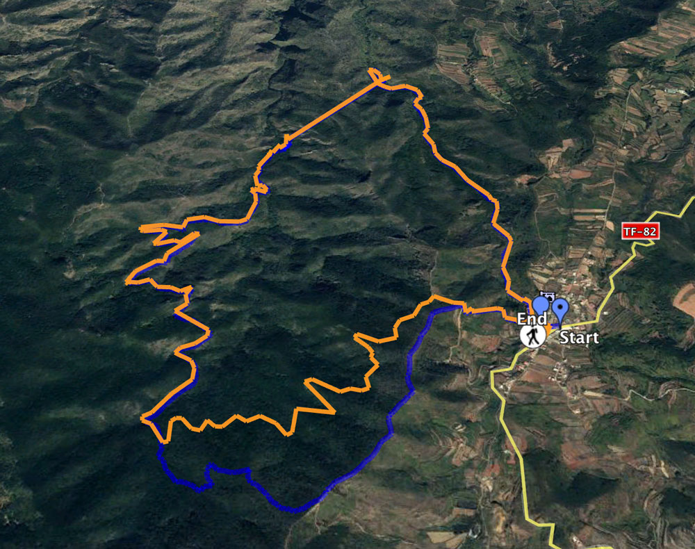 Track of the hike Erjos-Tunnel-Erjos with variant without ridge (orange)