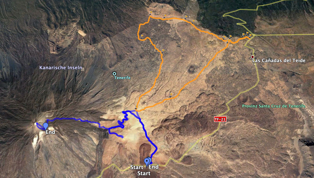 Track blau Aufstieg Montaña Blanca mit Teide - orange große Runde Montaña Blanca von El Portillo aus