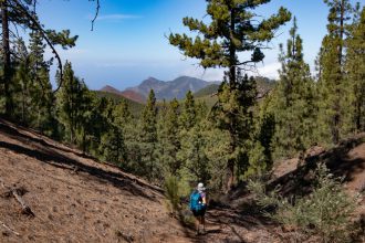 Wanderin auf dem Hangweg mit Blick zum Teno Gebirge