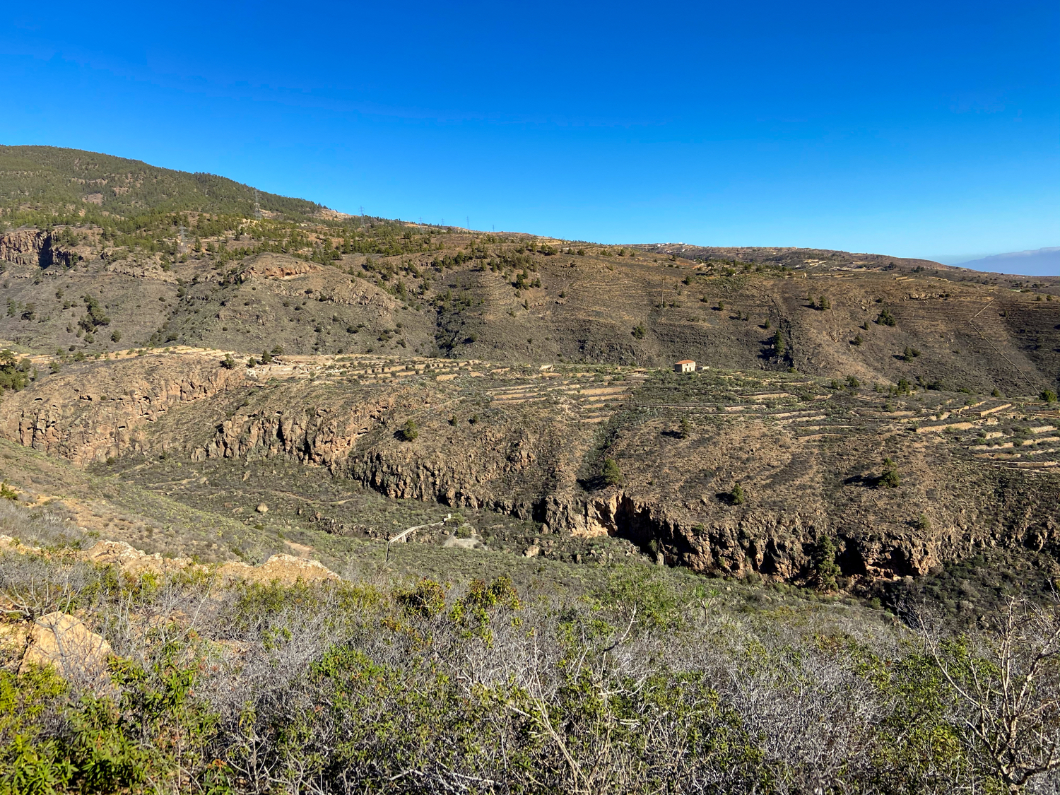 Blick in den Barranco Tamadaya und auf das Ruinenhaus (Rückweg Arico Nuevo)