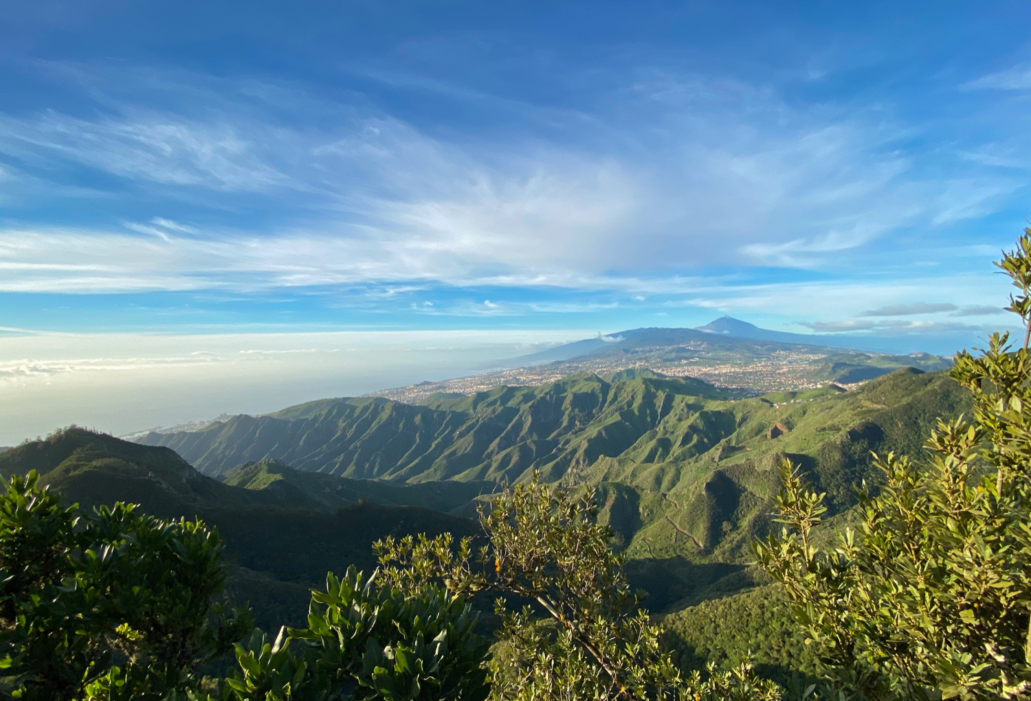 Blick über La Laguna auf den Teide und die umliegenden Täler bis zur Küste