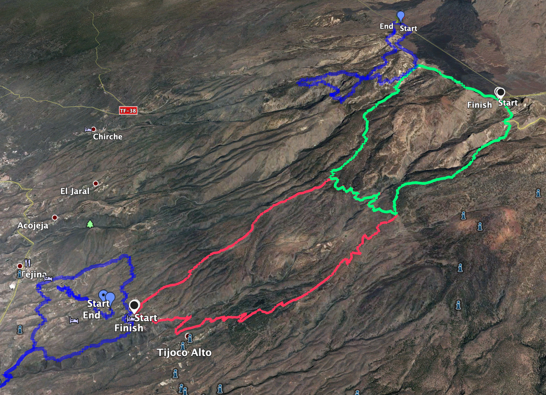Caminos hacia la Cascada de ChindIa (verde desde Boca Tauce, rojo desde Vera de Erques)