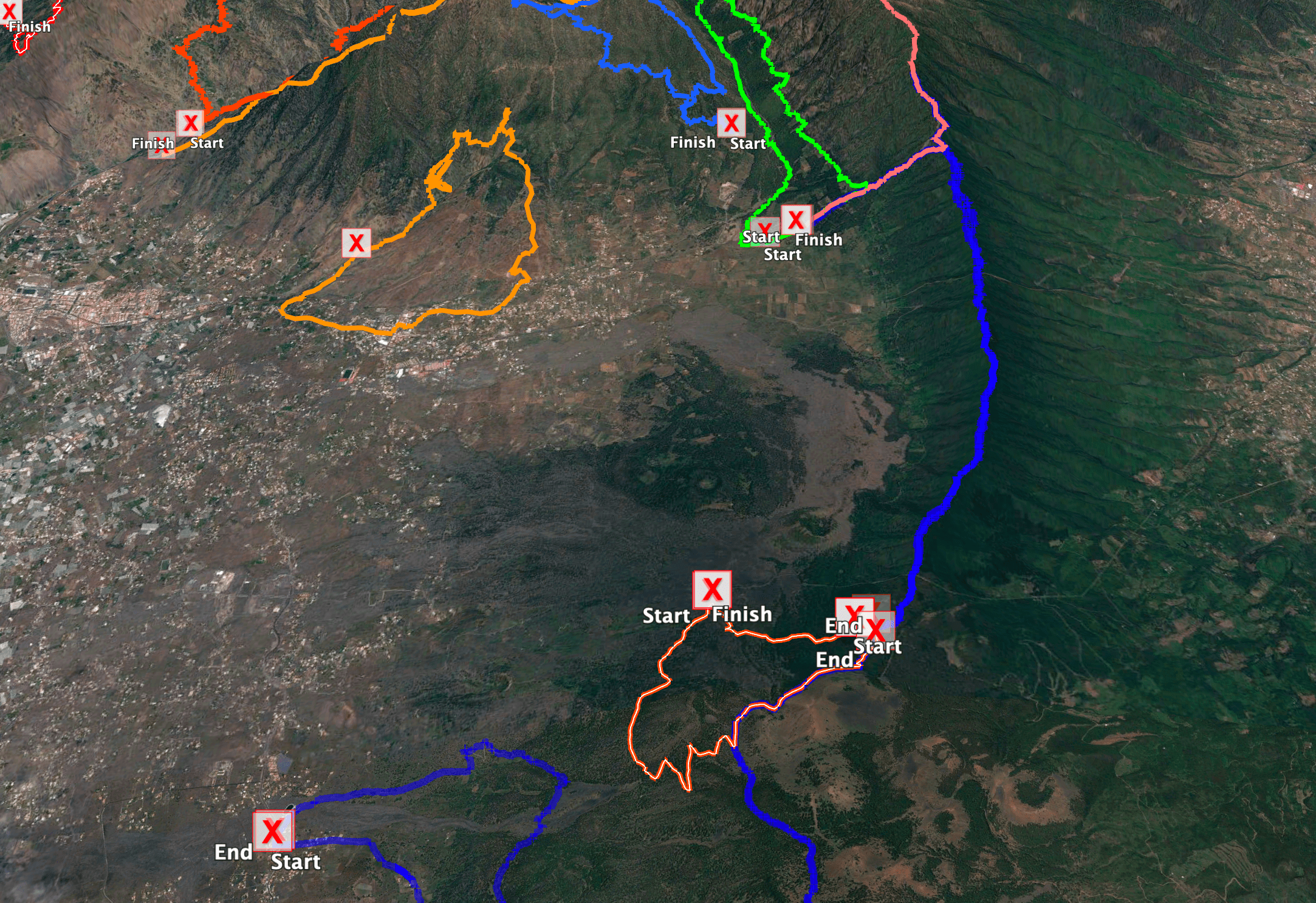 Track der Wanderung über dem Vulkan Tajogaite (orange unten) und die Ruta de los Volcanes (blau)