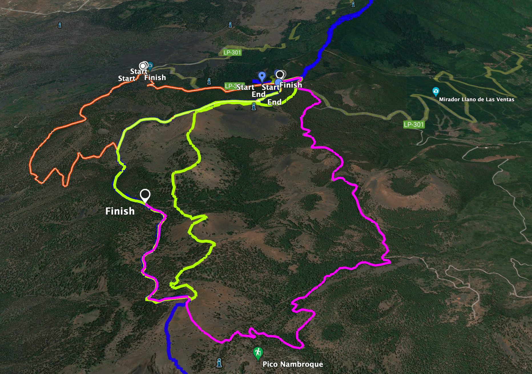Track des Rundweges (rosa, Fortsetzung gelb) um die Vulkane und Gipfeltrack (gelb) sowie Runde über Tajogaite (rot, Fortsetzung gelb)