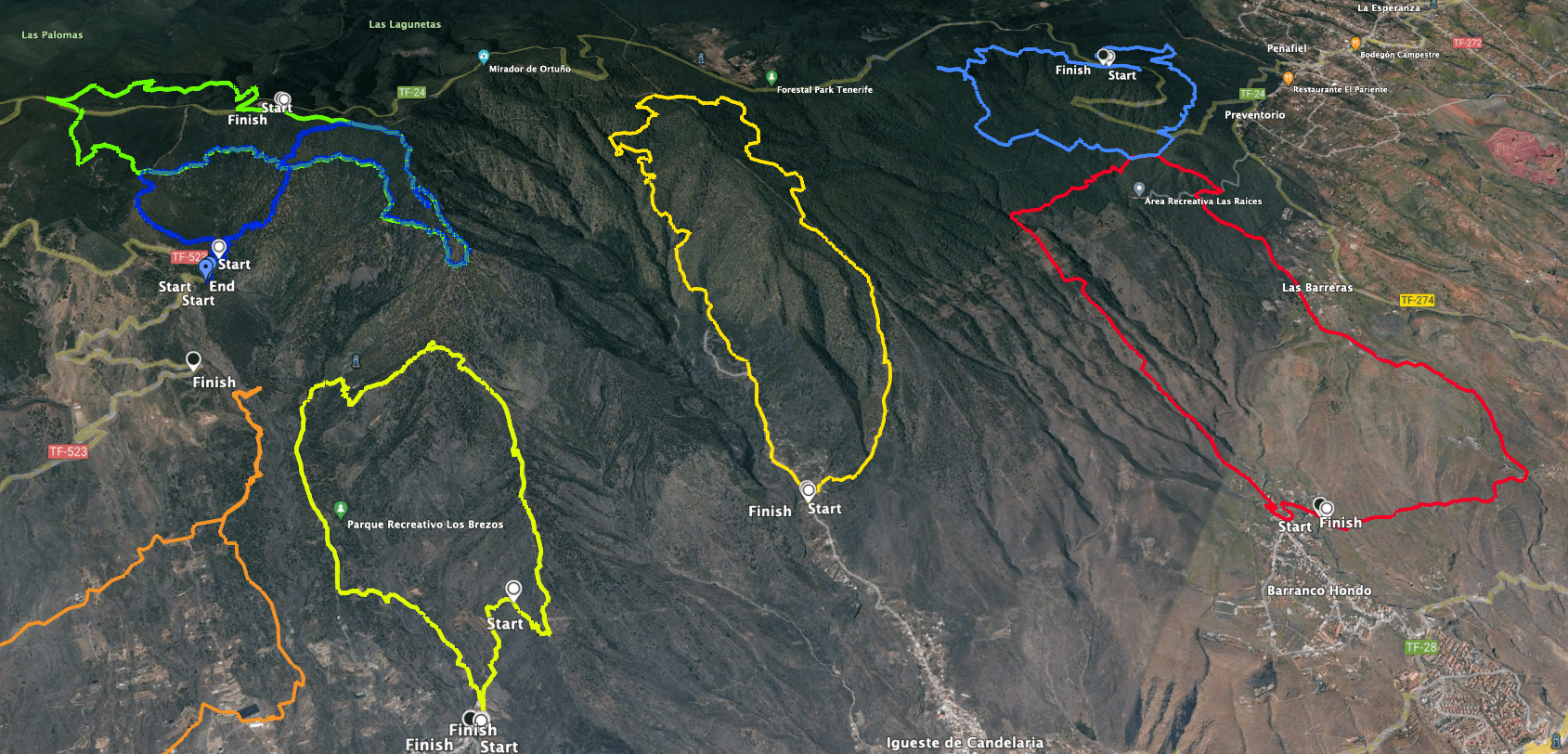 Pista de la caminata Igueste de Candelaria (centro amarillo) y a su izquierda pista Igonse (amarillo) a la derecha en rojo ida y vuelta Barranco Hondo y arriba a la izquierda ida y vuelta en lo alto de Candelaria (azul, verde)