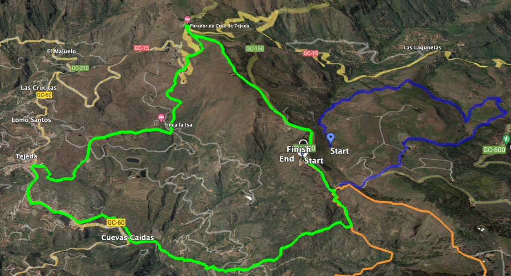 Trayecto de la ruta Cruz de Tejeda (verde) y circuito panorámico Degollada de Becerra (azul)
