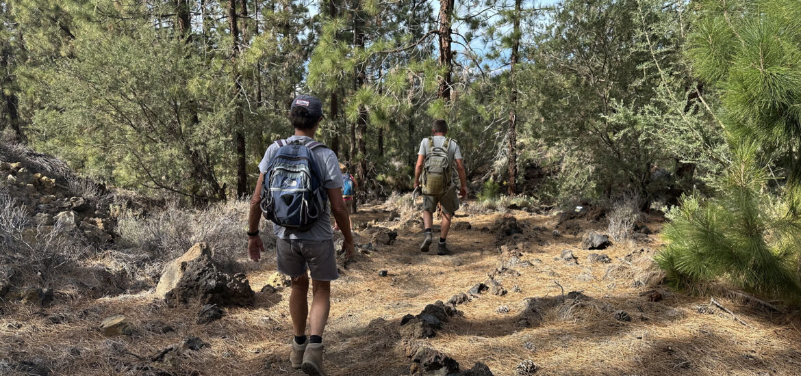 Wanderer auf dem Weg durch den Wald kurz vor dem Refugio de Chasogo