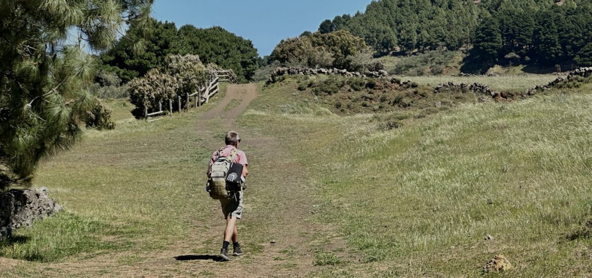 Wanderer auf grünen Wiesen - Wanderweg Richtung Meseta de Nisdafe