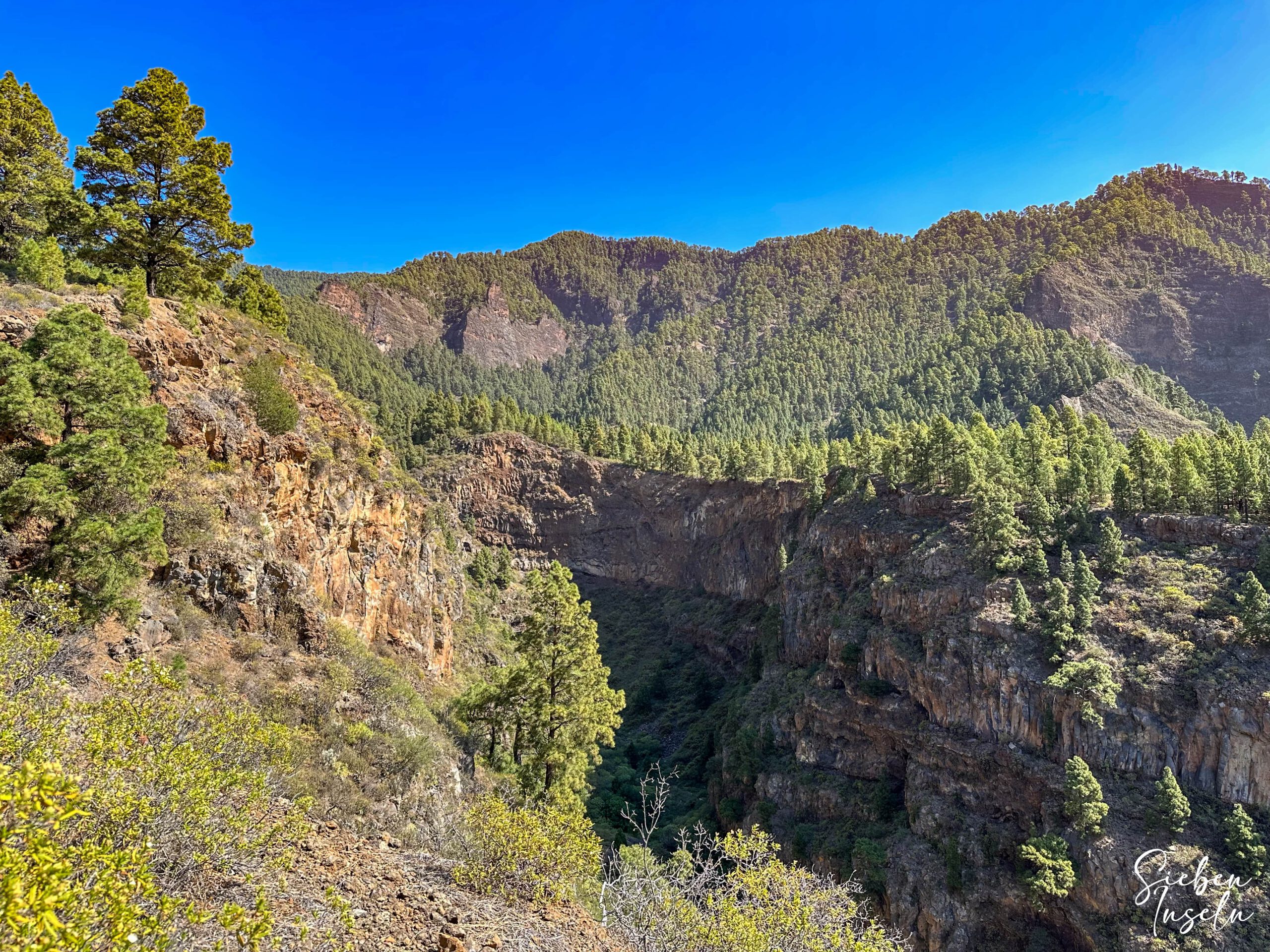 Blick vom Wanderweg Los Brezos in den Barranco Chese und auf der gegenüberliegenden Seite auf den Grat des Igonse