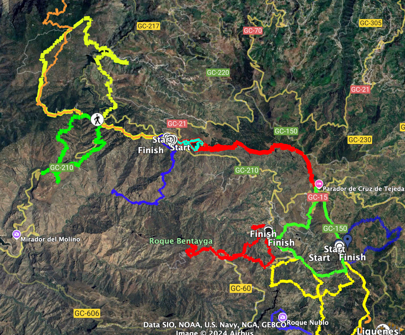 Track of the Tamadaba hike (yellow on the left) and other hikes in the vicinity. Red center: Artenara - Cruz de Tejeda