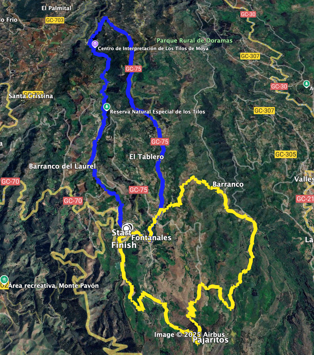 Track of the hike from Fontanales to the Reserva Natural Especial Los Tilos de Moya (blue) and neighbouring circular hike Fontanales - Valsendero (yellow)