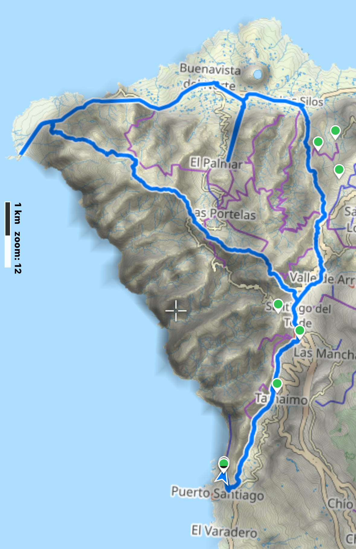Complete track of the hike from Los Gigantes to Punta de Teno and from Los Silos back to Los Gigantes - between Punta de Teno and Los Silos Bus