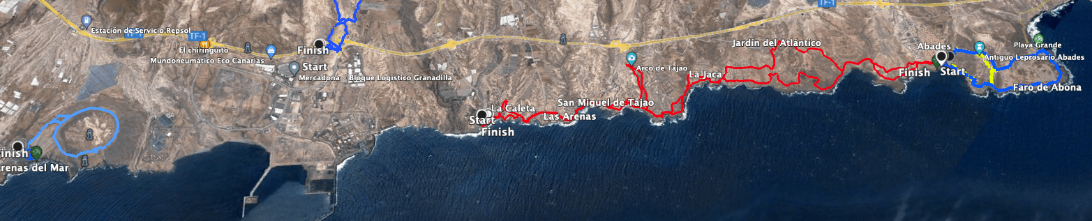 Track of the hike Arco de Tajao - La Caleta - Abades and neighbouring hikes on the right in blue (Abades) and on the left in blue (Montaña Pelada)