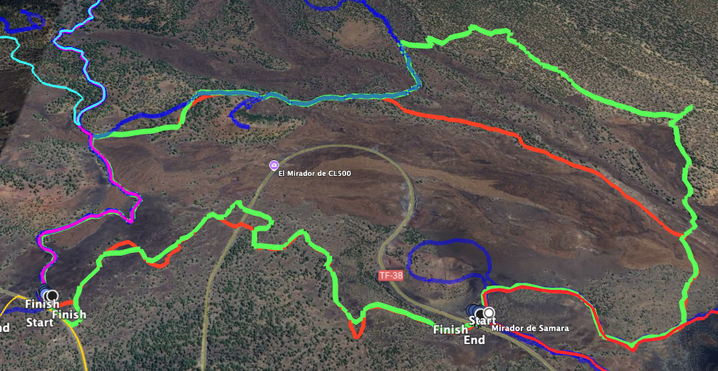 Oben rechts der rote Strich markiert die kürzere und der grüne Strich die etwas längere Vulkanroute - nur die Stelle, an der sich die Touren voneinander unterscheiden
