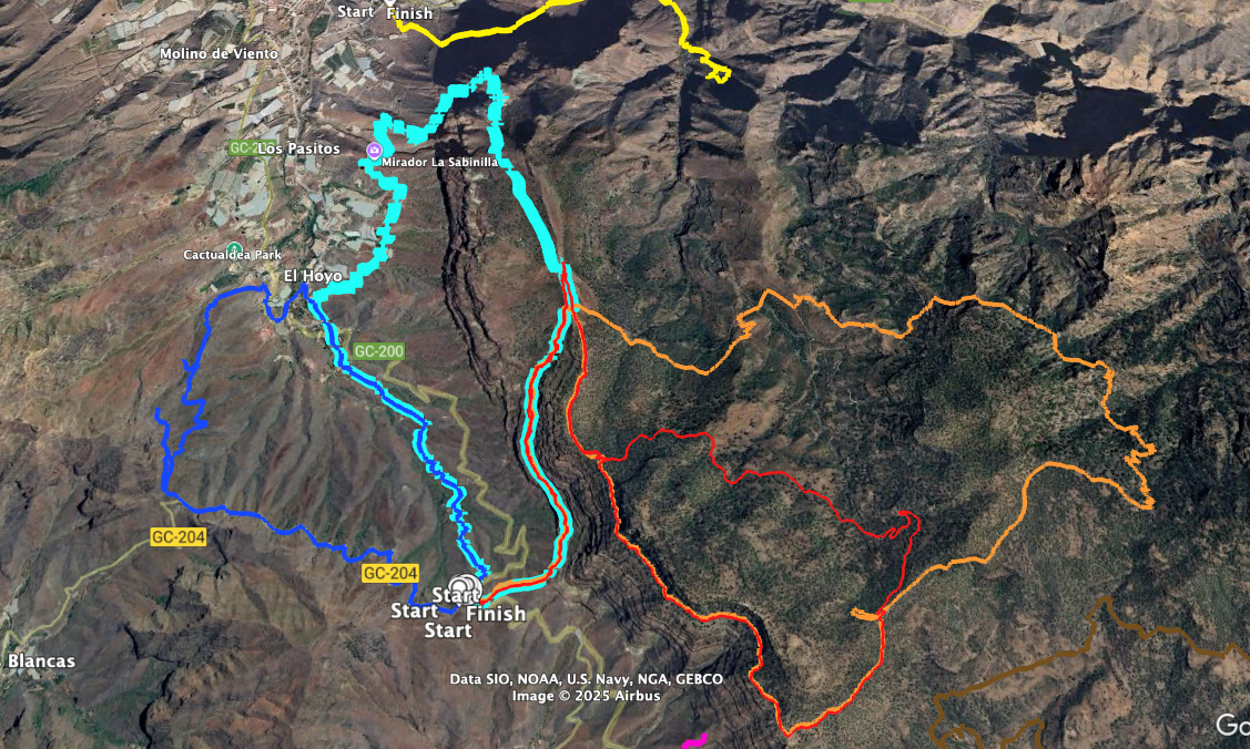 Track of the Degollada de la Aldea hike (turquoise) and neighbouring tracks: left blue (Tasartico)v- right red (Inagua)