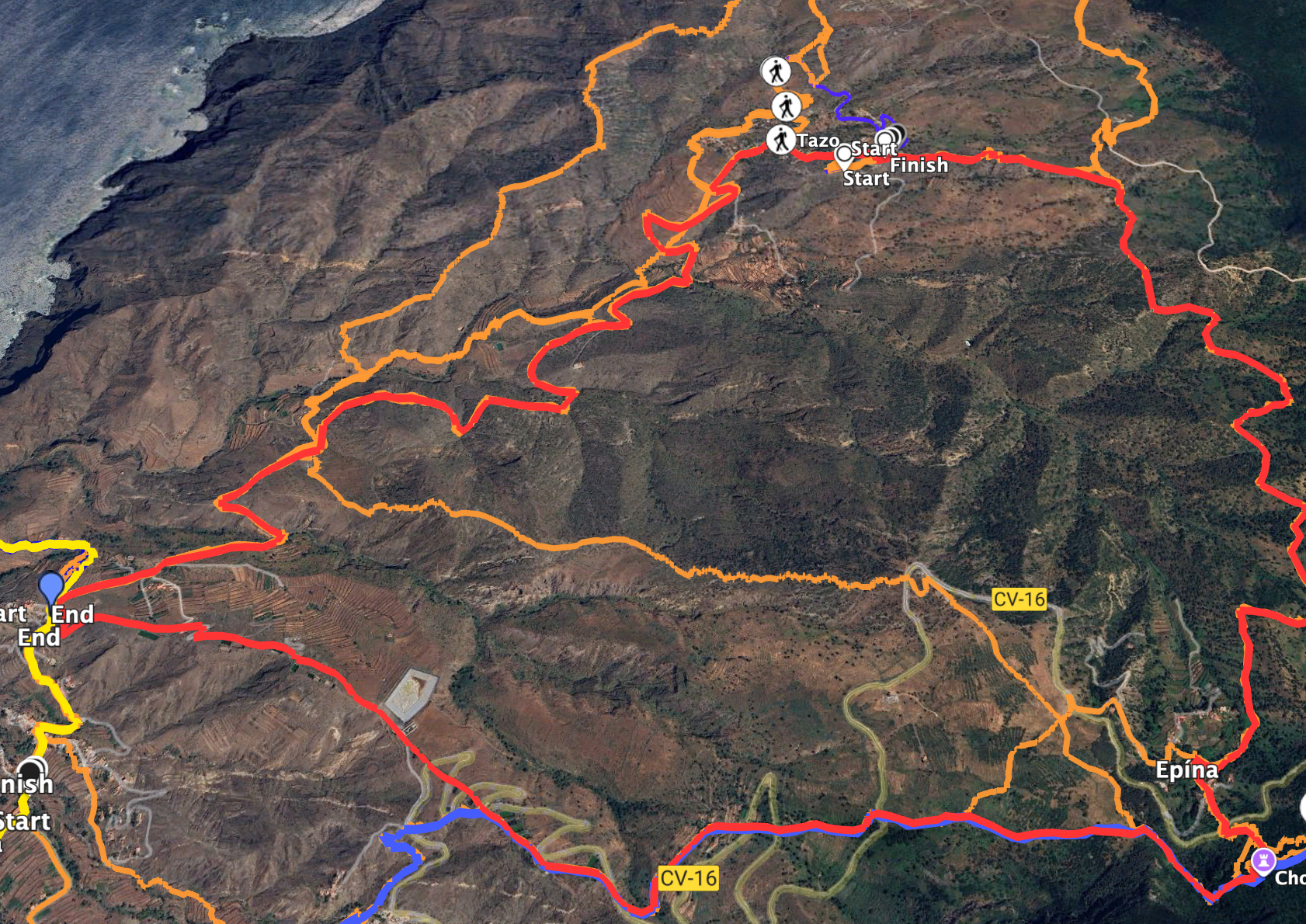 Track der Rundwanderung Tazo, Elina, Alojera (rot)