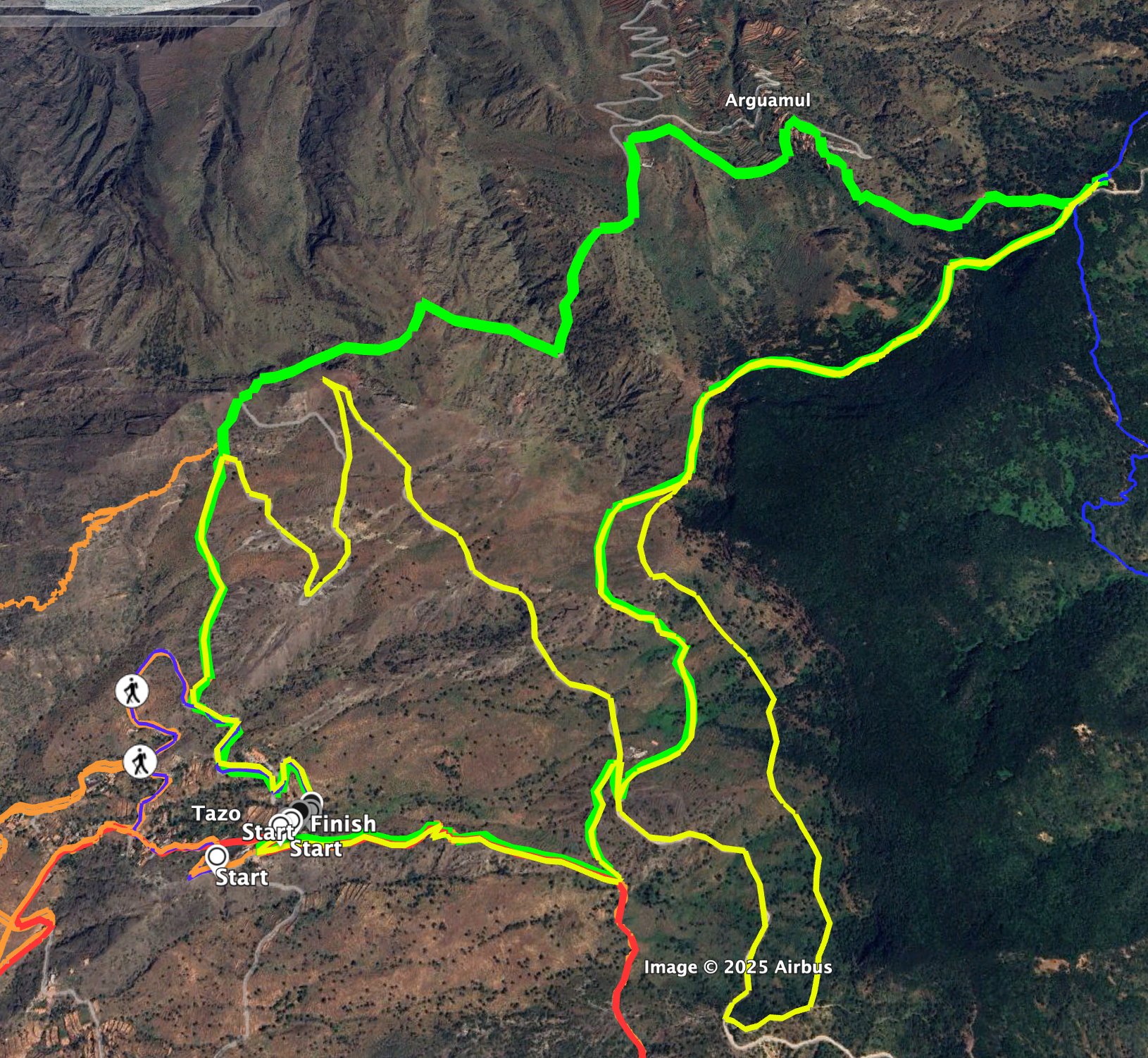 Track der Wanderung Arguamul (grün) mit Erweiterungen (gelb)