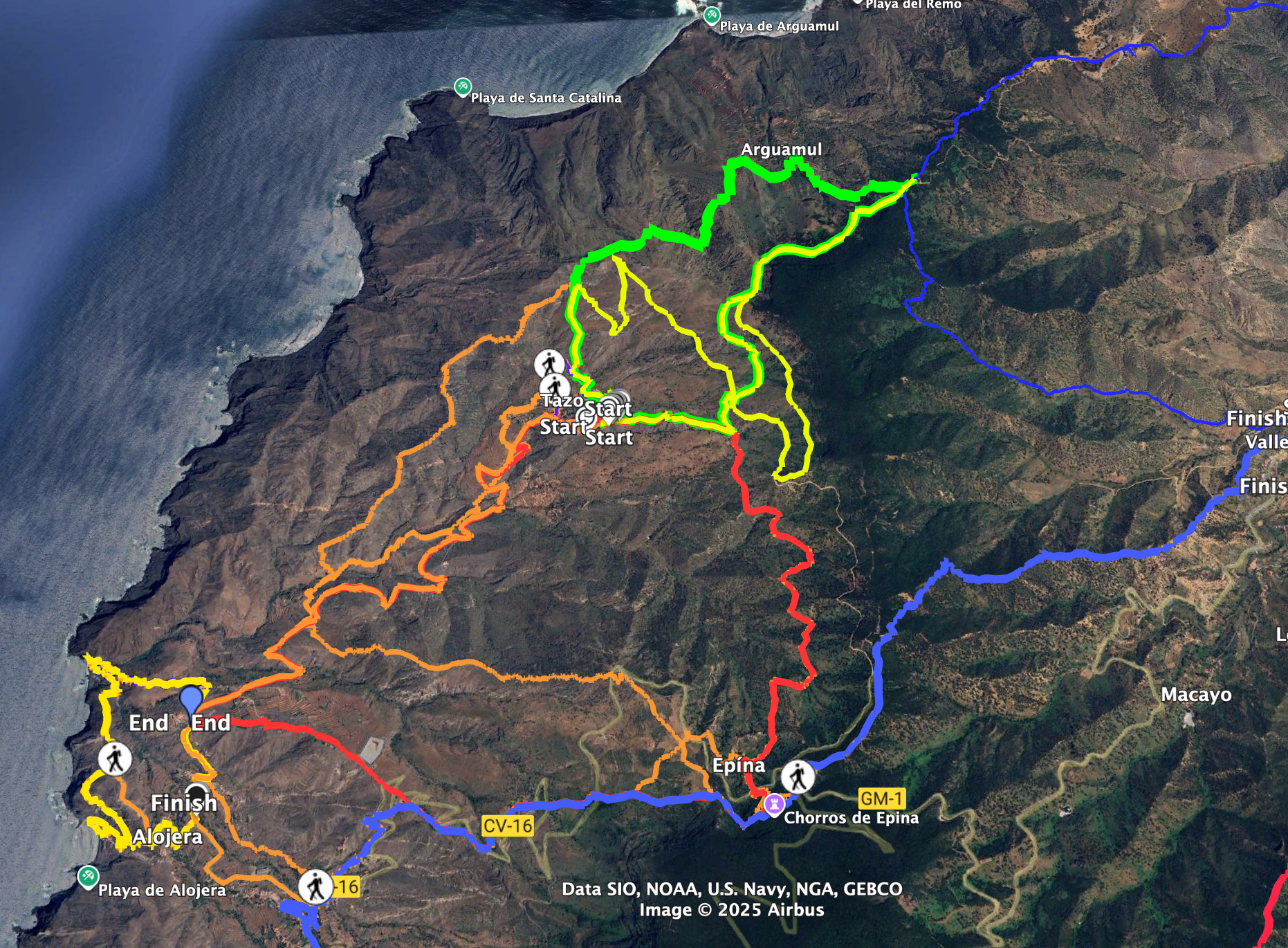 Track der Wanderung Arguamul (grün) und benachbarte Wanderungen wie Cherfe und GR 132 (blau) sowie Erweiterungen gelb