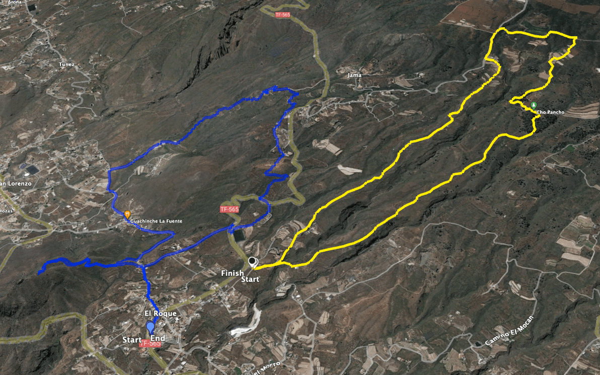 Track der Rundwanderung Cho Pancho (gelb) und benachbarte Wanderung Roque del Jama (blau)